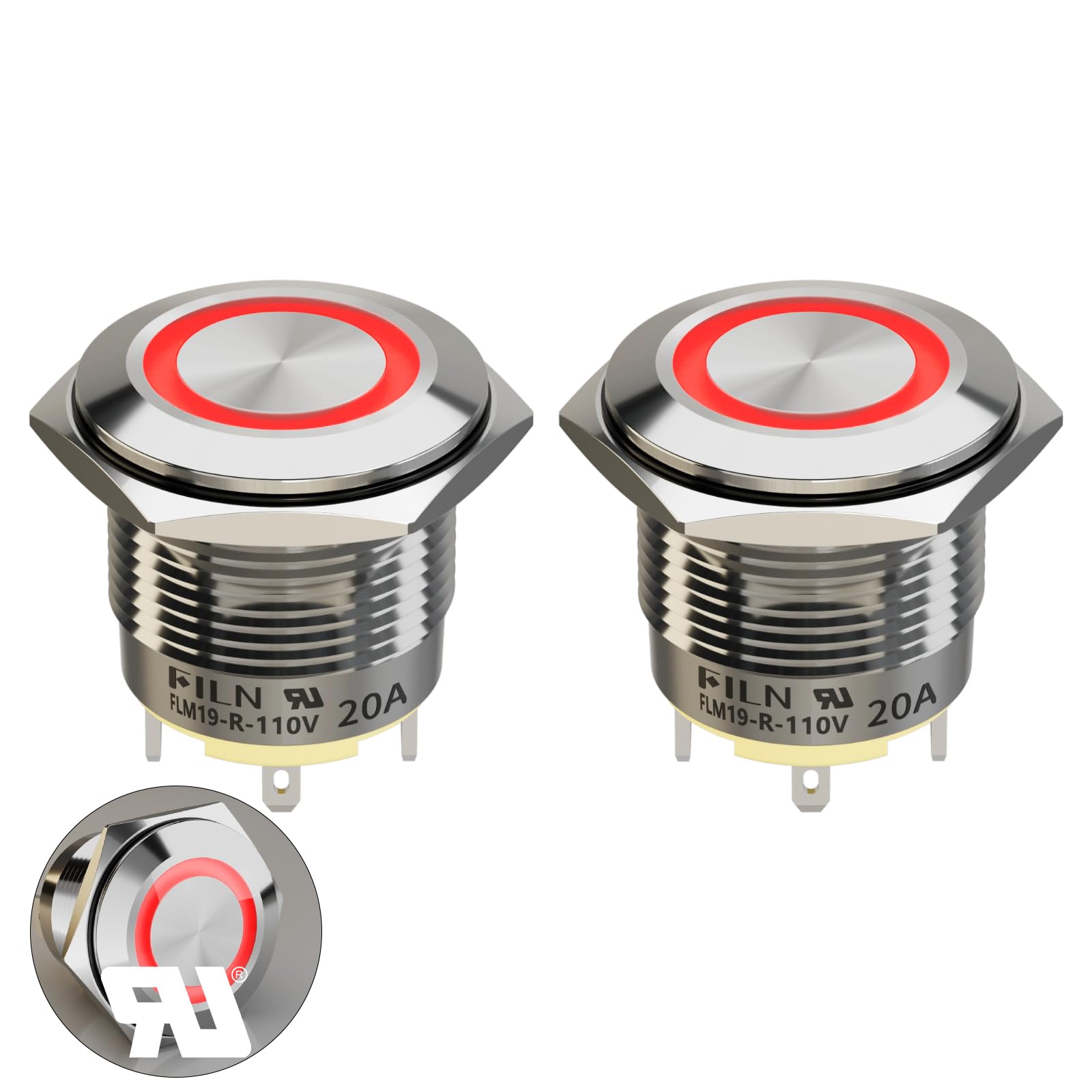 FILN 20 Amp 19 mm (3/4'') 2-Piece Latching High Current Pushbutton Switch 110V DC Switch with Red LED Self-Locking Pushbutton (Red/Stainless Steel Latching)