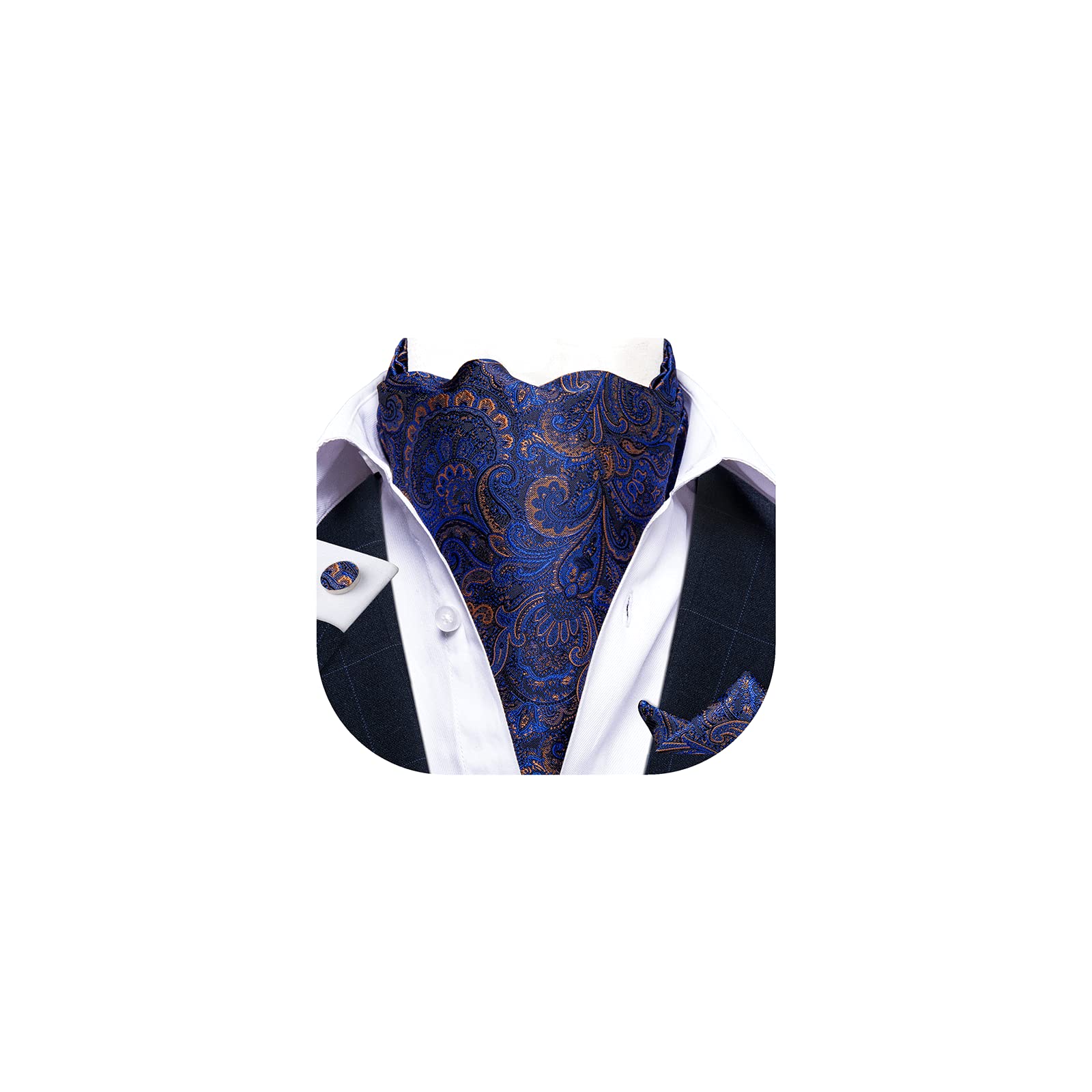 Mens Cravat Self Tie Jacquard Woven Paisley Ascot Tie and Pocket Square Cufflinks Set Formal Casual