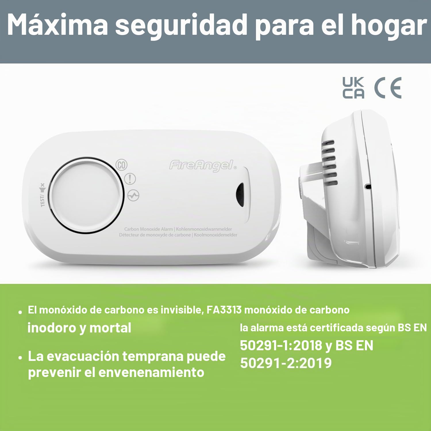 FireAngel Detector de Monóxido de Carbono con Sensor – Alarma de CO Portátil para Hogar y Vacaciones - Monitorea Monóxido Carbono - FA3313, Blanco