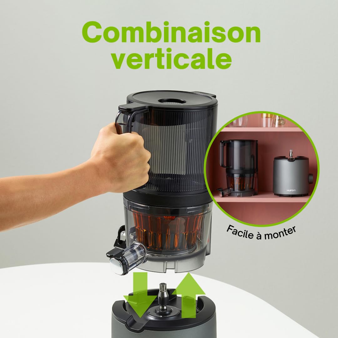 HUROM | Exprimidor de verduras y frutas | Slow Juicer | H201 | Prensado en frío | Motor silencioso | Fácil de limpiar | Esfera inteligente | Mega embudo 2L | Libre de BPA (titanio)