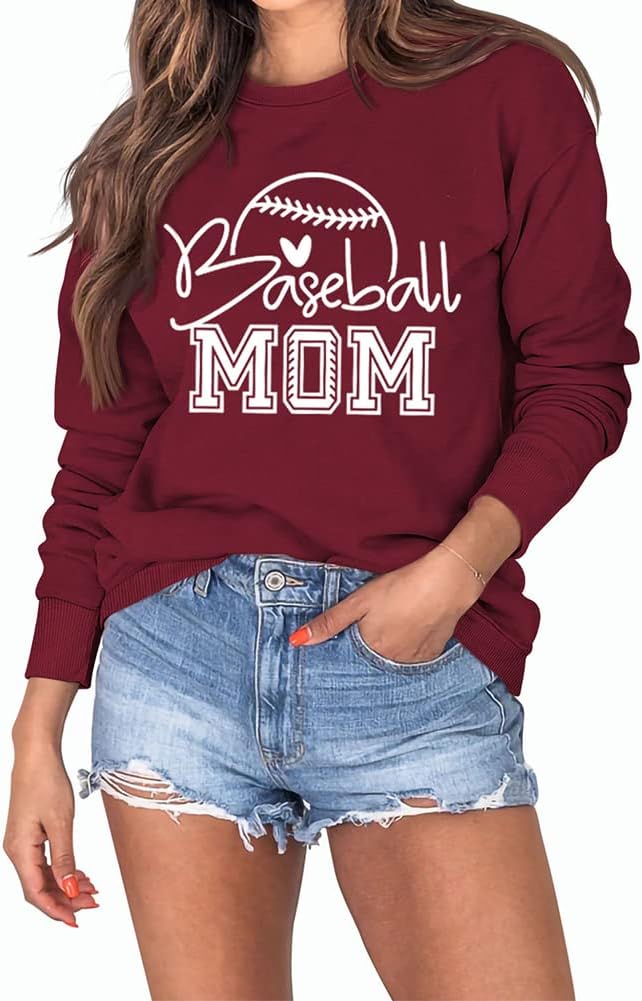 MEKOTSK Baseball Mom Sweatshirts for Women Cute Letter Graphic Shirts Long Sleeve Crew Neck Lightweight Pullover Tops