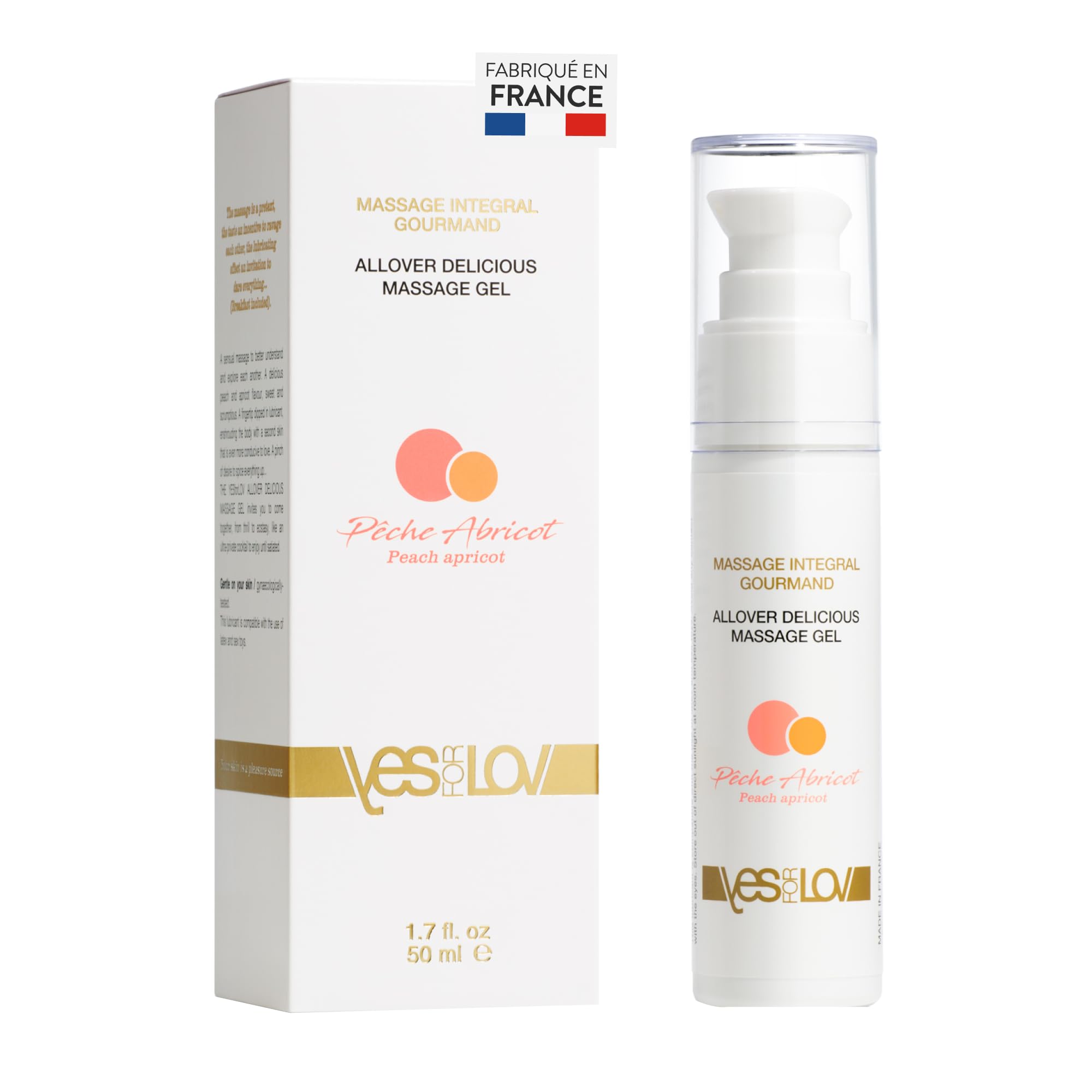 YESforLOV Gel Massage Lubrifiant Comestible Goût Pêche-Abricot - Huile de Massage Gourmande pour Corps et Parties Intimes, Douce et Non Collante - Fabriqué en France - 50ml
