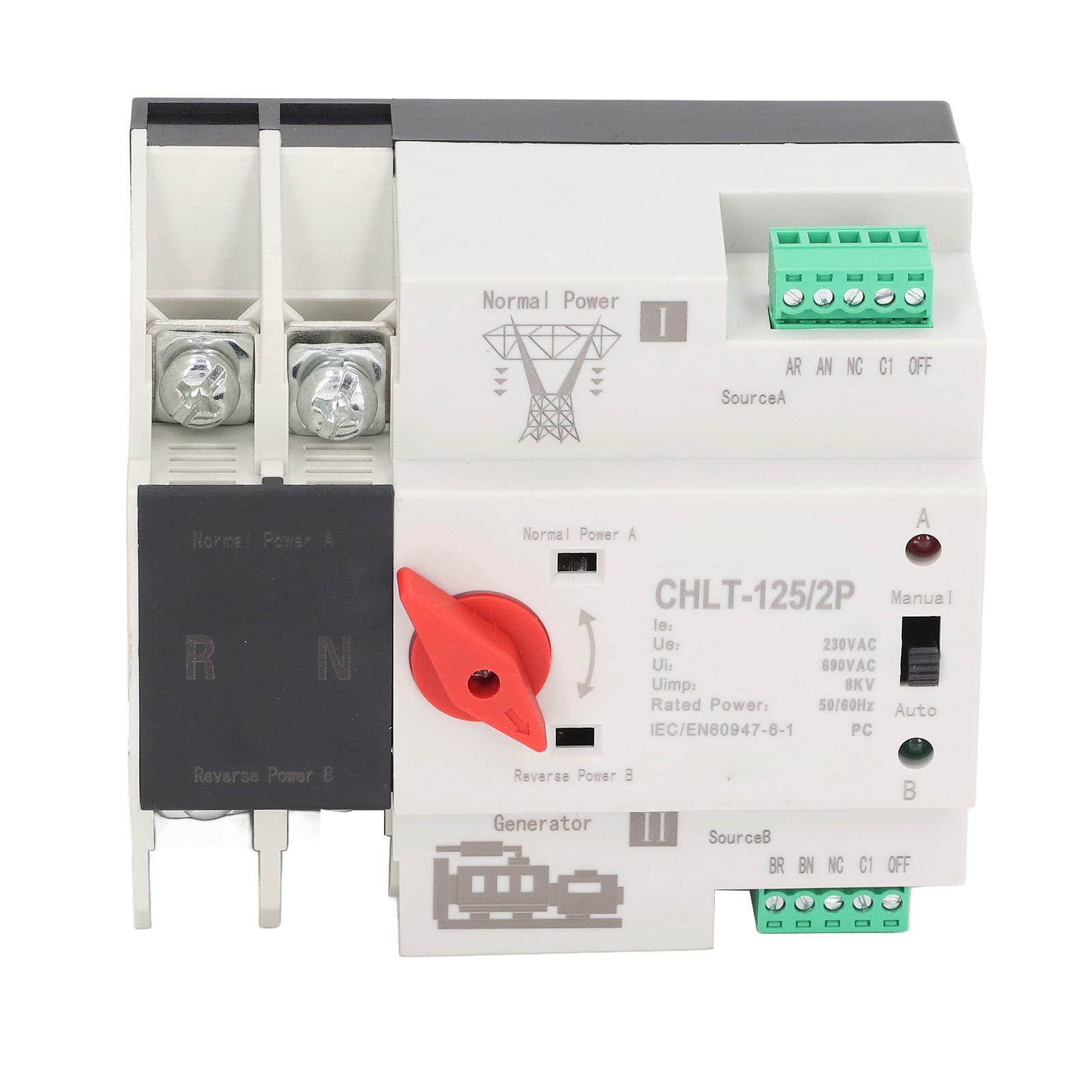 CHLT Interruptor de Transferencia Automática 125A 2P, 230V CA, Doble Potencia con Contacto de Plata, para Fábricas y Centros Comerciales