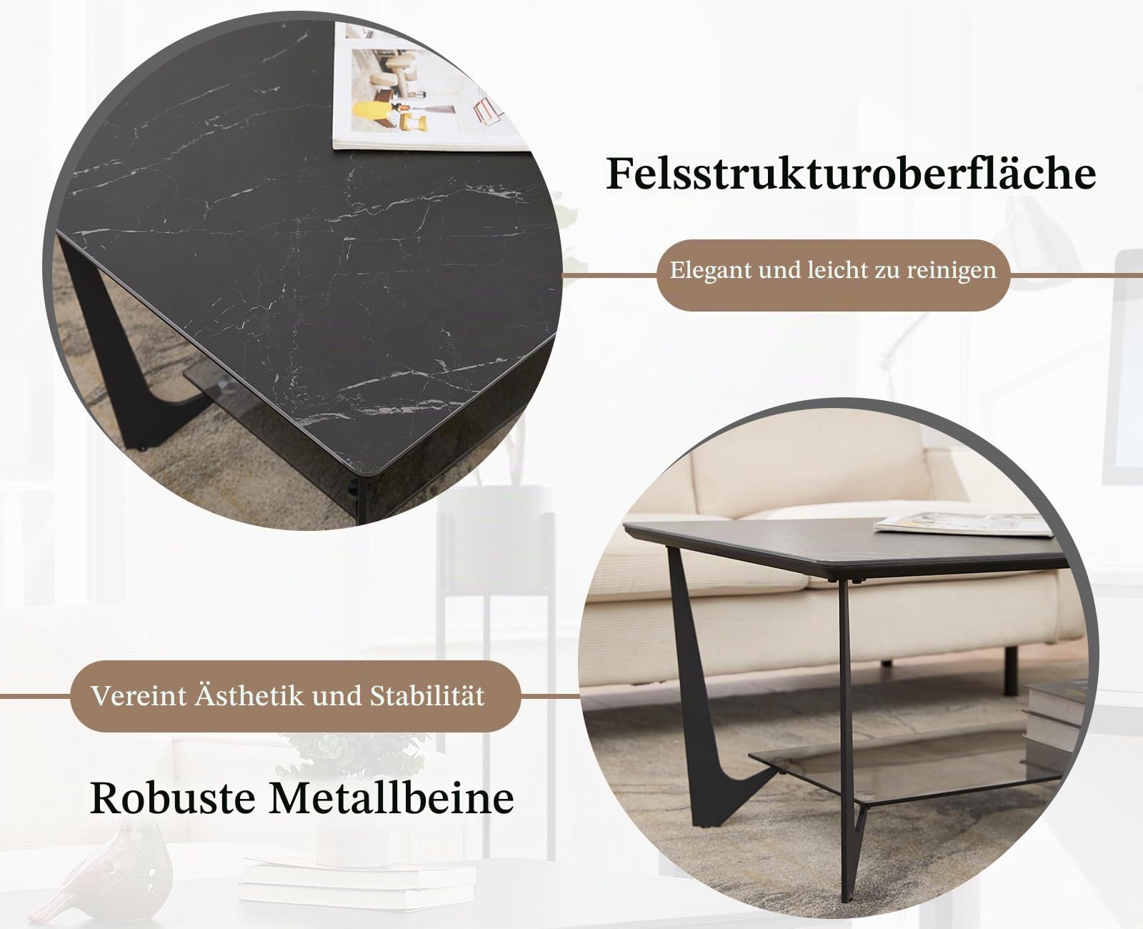 chairus Couchtisch Rechteckig, Marmormuster, 2 Ablagen Stauraum, Schwarz