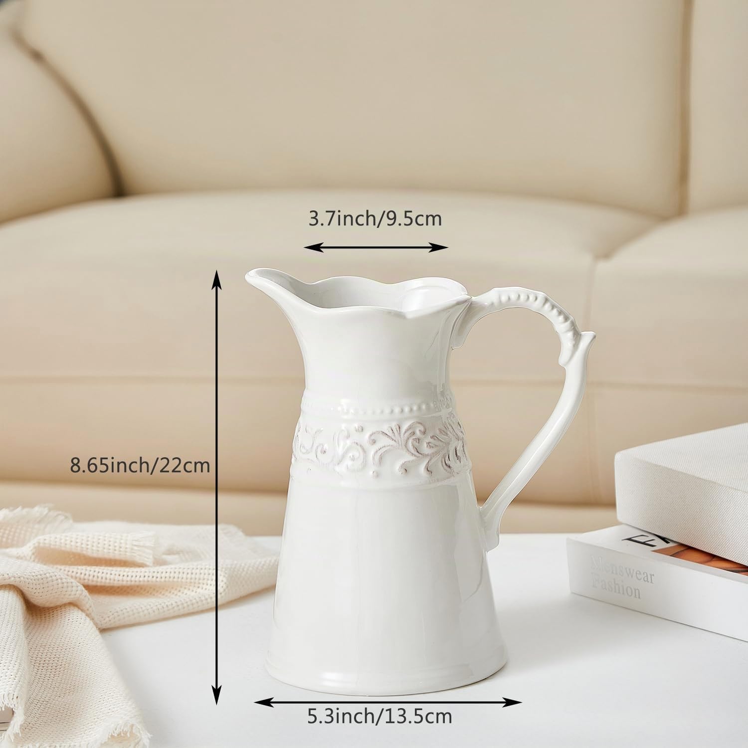 Brocca in ceramica bianca, brocca per fiori per decorazione domestica, vaso da 22 cm con manico.