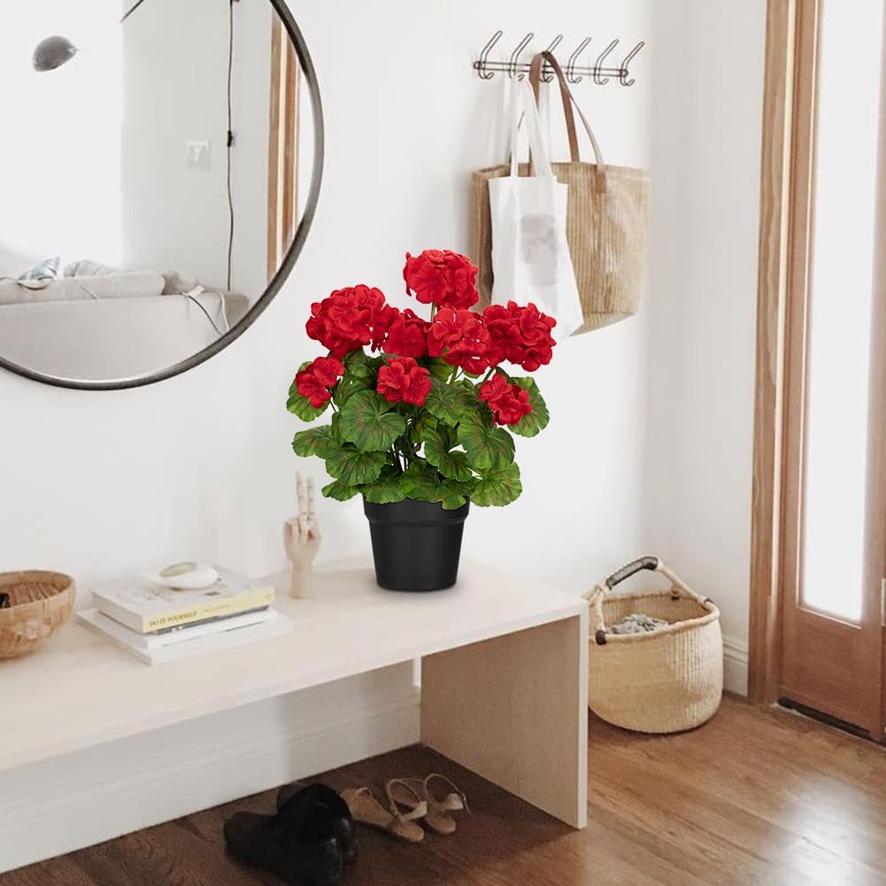 Briful Artificial Geranium Potted Plant – 16” Tall, Realistic Silk Flowers with Vibrant Green Leaves, Red Geraniums Fake Flowers for Outdoors Valentine's Day Home Décor, Farmhouse Office Tables Decor - Image 5