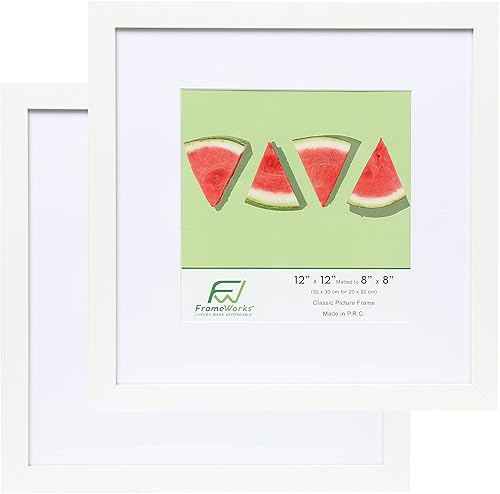 FrameWorks Marcos clásicos de madera para fotos de 12 x 12 pulgadas con paspartú de 8 x 8 pulgadas, vidrio templado, blanco, paquete de 2