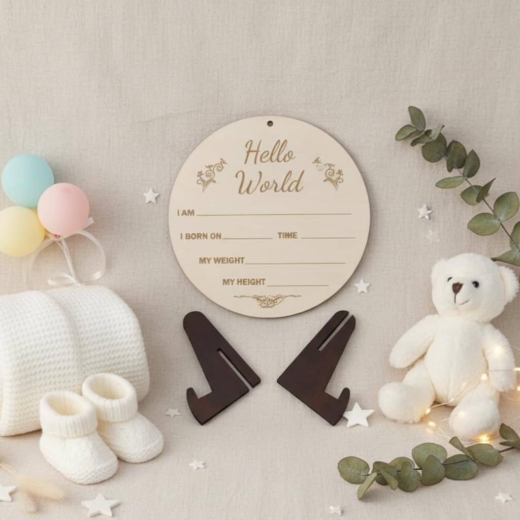 LASER ART Hello World Birth Announcement Wooden Plaque with Stand | MDF Baby Milestone Board for Newborn Photo Prop, Baby Shower Gift, Memory Keepsake 3