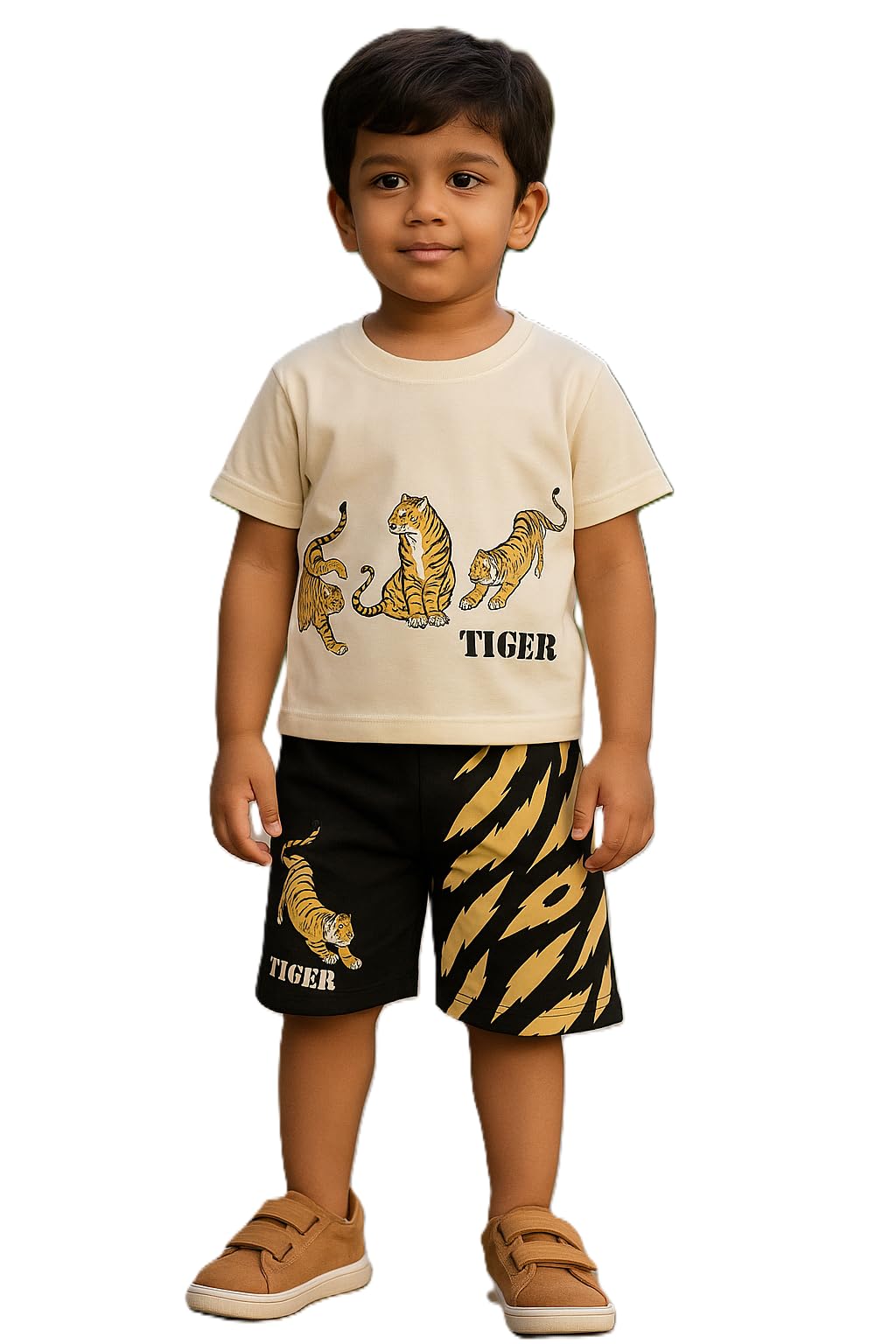 Kids Dress for Boys | Printed Round Neck Half Sleeve T-shirt and Pant Clothing Set for Baby Boys-Cream Tiger-picture-22