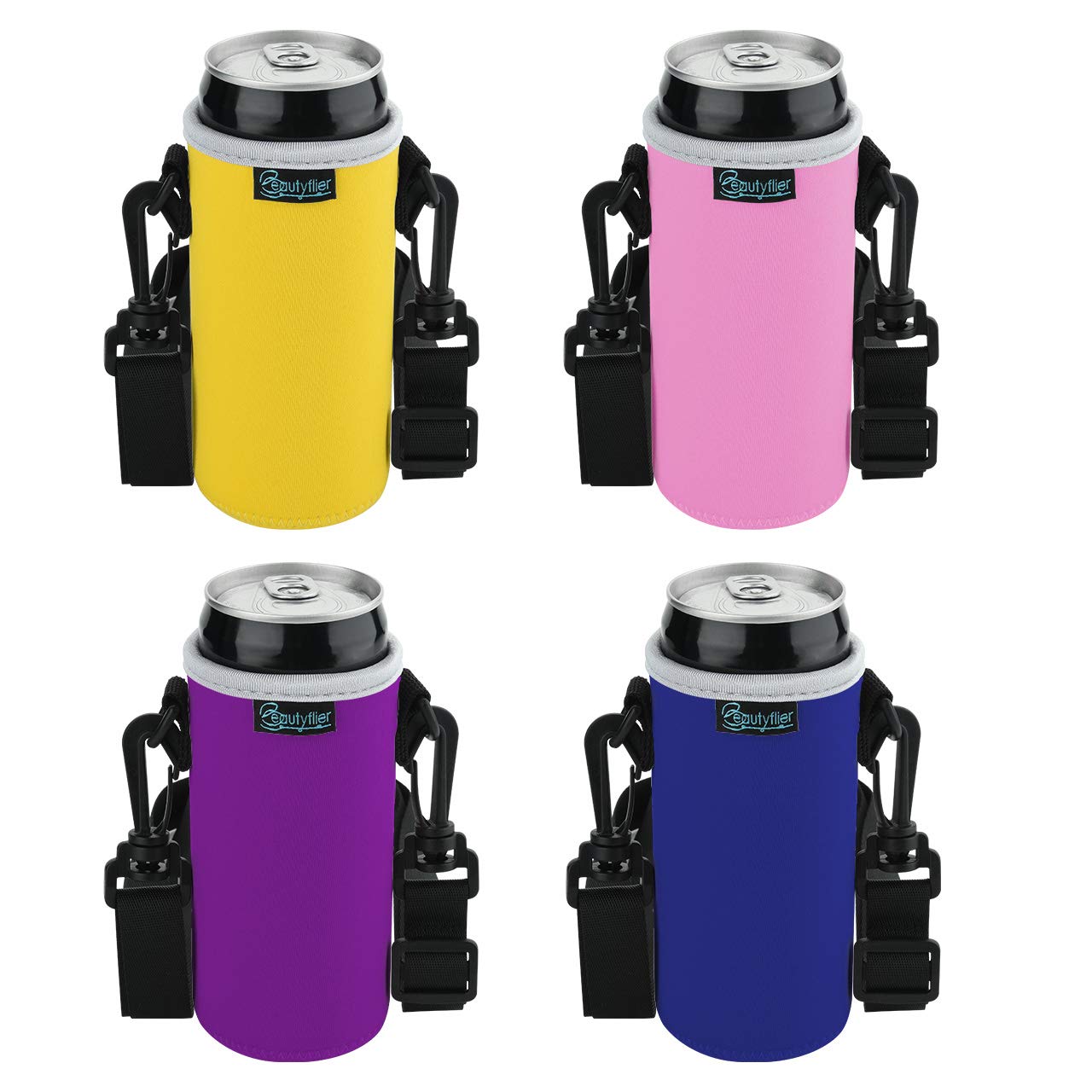 Beautyflier Neoprene Can Sleeve with Adjustable Shoulder Strap Insulator Carrier Holder for 12 Ounce Energy Drink Beverage Beer Can (Slim 12 oz, 4pcs Multicolor)