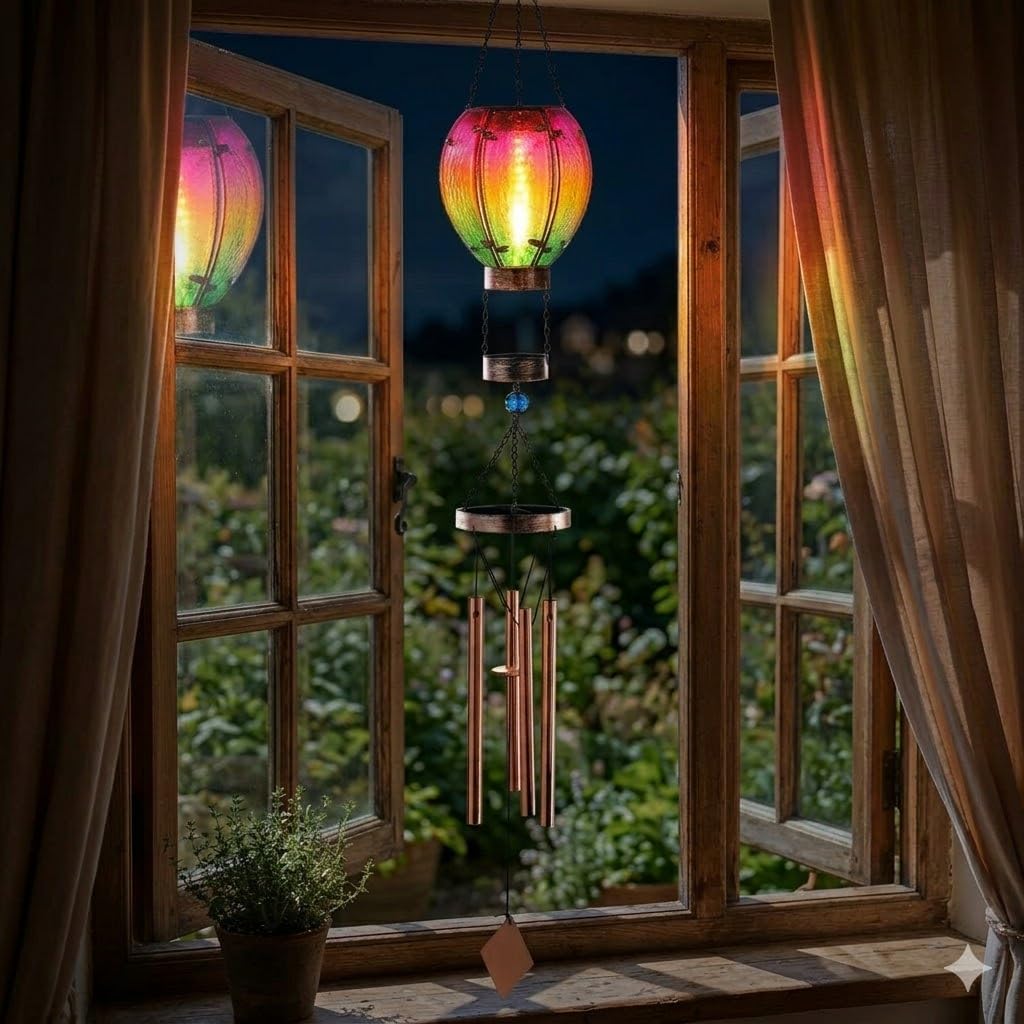 LED Solar Wind Chime Hot Air Balloon Light Hanging Solar Garden Lights, Garden Decorations Outdoor for Yard Porch Wind Chimes For Gardens Outdoor Gardens Hanging Solar Ornaments