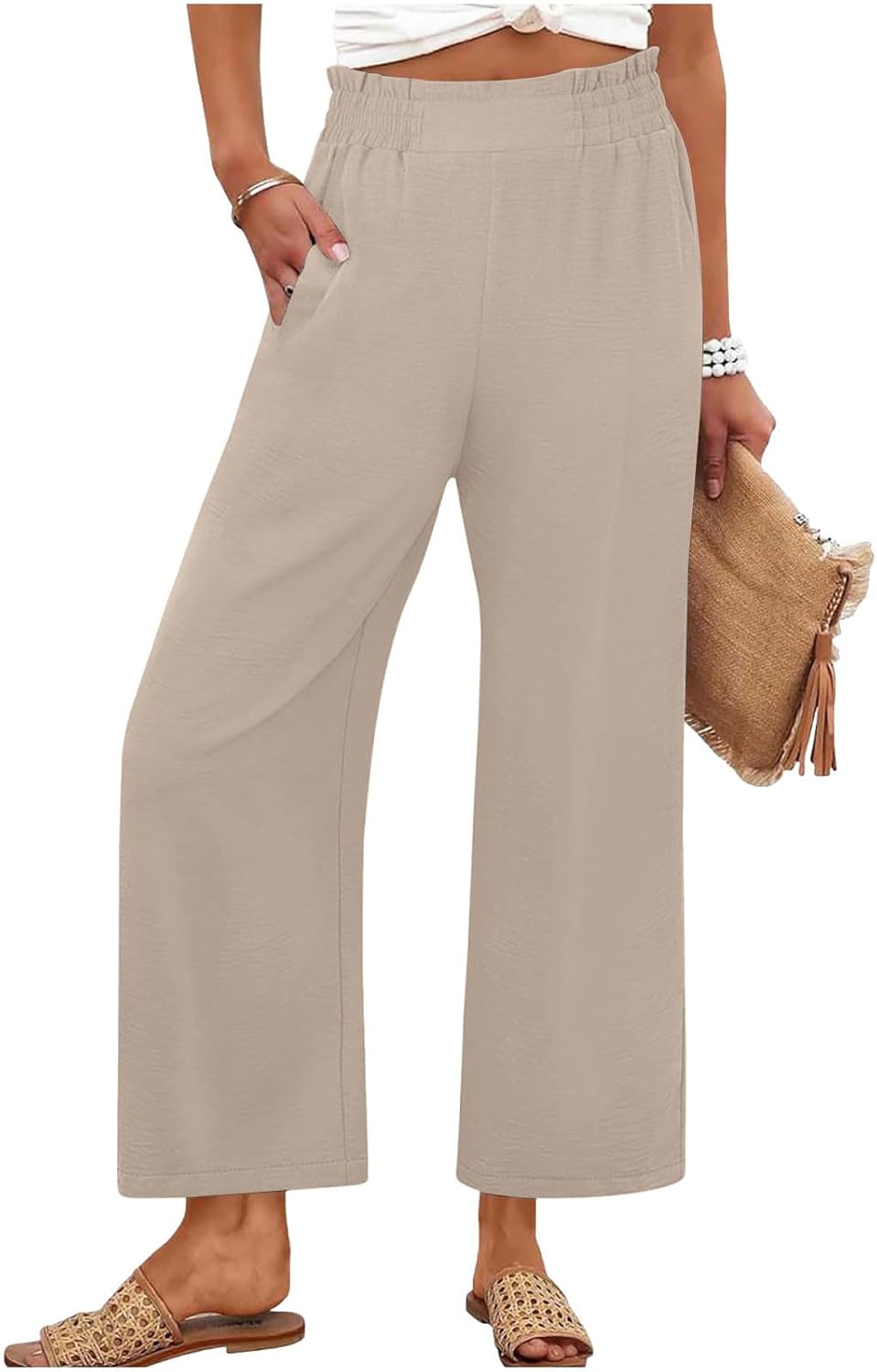 Womens Linen Pants Casual Wide Leg Palazzo Pants High Waisted Loose Fit Solid Color Beach Trousers with Pockets