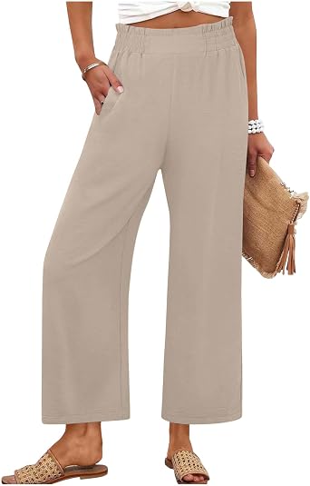 lcziwo Wide Leg Linen Pants Women Casual Elastic Waist Palazzo Pant Baggy Comfy Straight Leg Trousers with Pockets