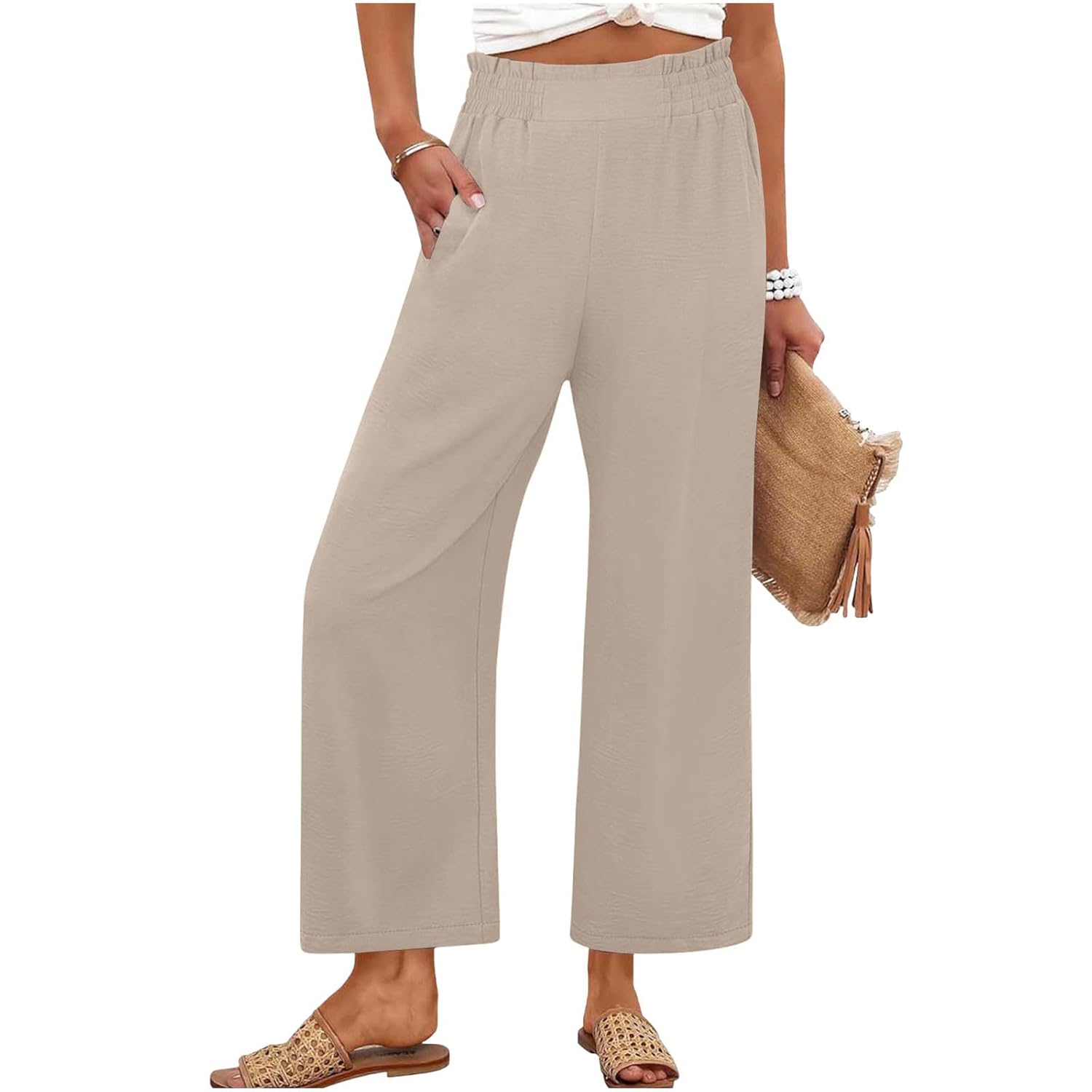 Cropped Wide Leg Pants for Women High Waisted Flowy Palazzo Trousers with Pockets Dressy Casual Summer Beach Outfits