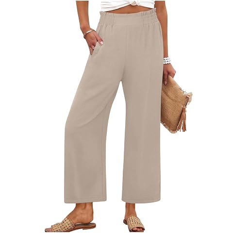 Cropped Wide Leg Pants for Women High Waisted Flowy Palazzo Trousers with Pockets Dressy Casual Summer Beach Outfits