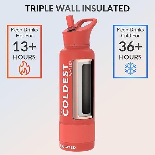 Miniatura 122 de Coldest - Botella de agua deportiva con tapa con popote y asa, a prueba de fugas, de acero inoxidable con aislamiento al vacío de doble pared,