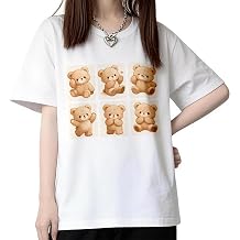 Kawaii Fashion White Crew Neck Cute Anime Bear Graphic Print T-Shirt