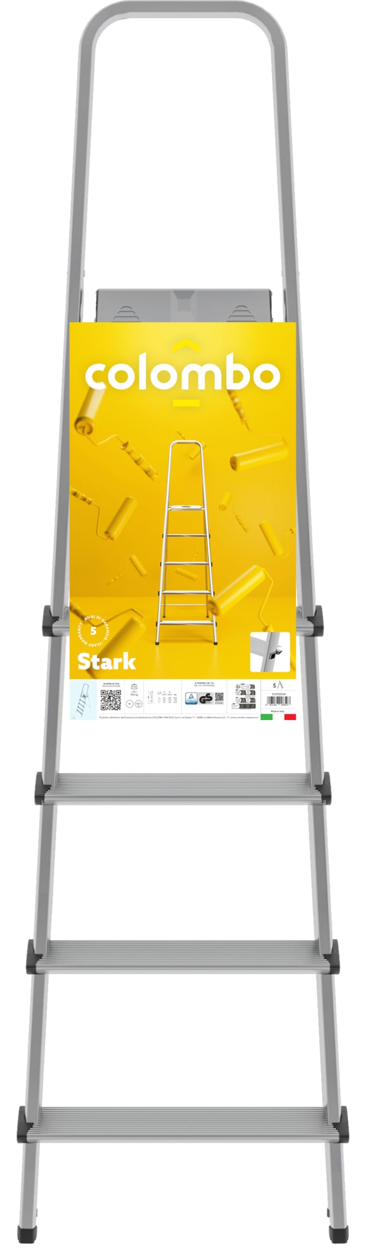Colombo Scala Alluminio e Acciaio Stark 4/5/6 Gradini | Scala 5 Gradini Senza Rivetto | Conforme EN131 TÜV-GS | Portata 150kg | Made in Italy