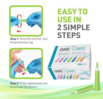ONE-CARE Safety Lancets 23G x 2.2mm, Pressure-Activated, Sealed, 100/bx | Fingerstick Glucose Testing, Preloaded, Ready-To-Use, Retractable, Compact Size, Easy Twist-Off Cap