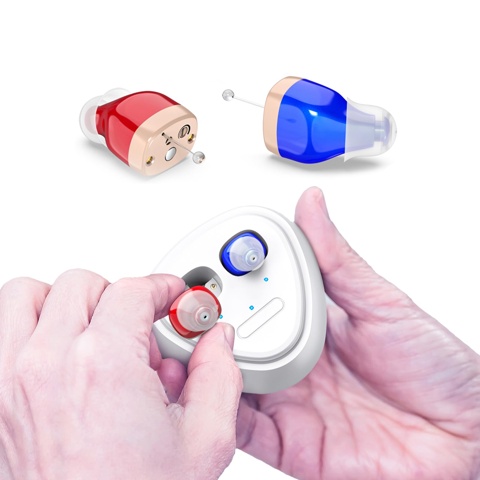 Auriculares Amplificados Auriculares Que Pueden Hacer Que el Sonido Sea más Fuerte, Mini Recargable Oculto en el oído con Chip Digital (Rojo y azul)