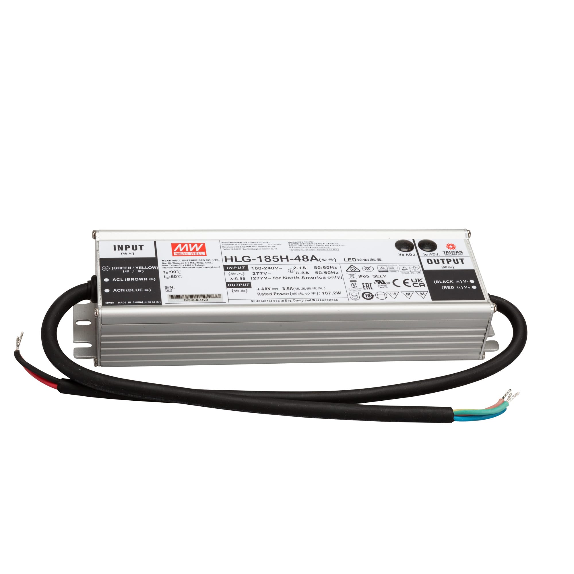 MEAN WELL HLG-185H-48A, AC-DC LED-Installationsnetzteil, Metallgehäuse, IP65 187W 48V 3,9A CV+CC