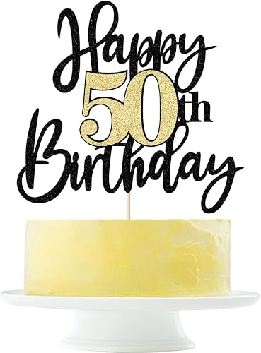 Decoración para tartas de 50 cumpleaños con purpurina negra y dorada, decoración de pastel de cumpleaños de 50 años para cumpleaños de 50 años,