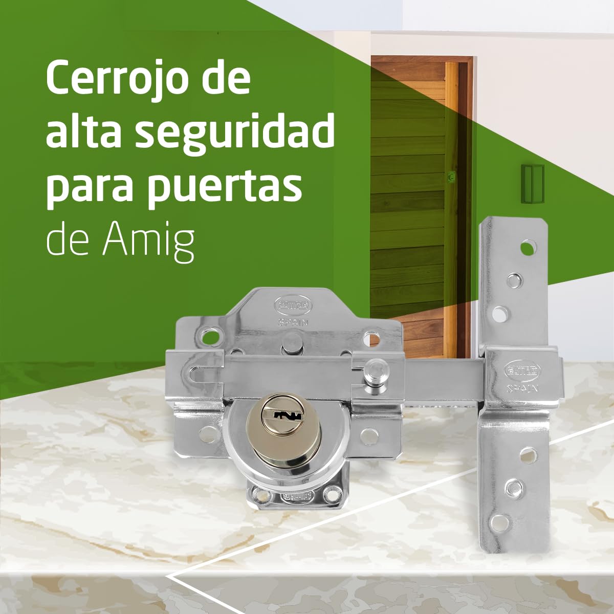 Amig - Cerradura de Sobreponer - 90 x 154 mm - Cromado brillo- Cilindro de seguridad de 50 mm y 6 pines - Pestillo de Apertura - Sistema Antibumping y Protección contra Ganzúas