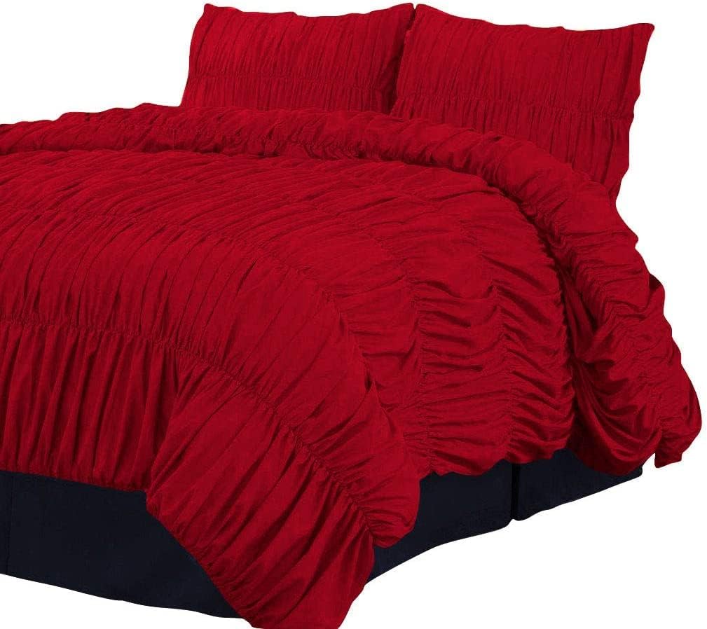 400 TC 100% Egyptian Cotton 3 Pc Gathered Ruffle Duvet Cover Zipper Closure King/Cal-King Solid Red