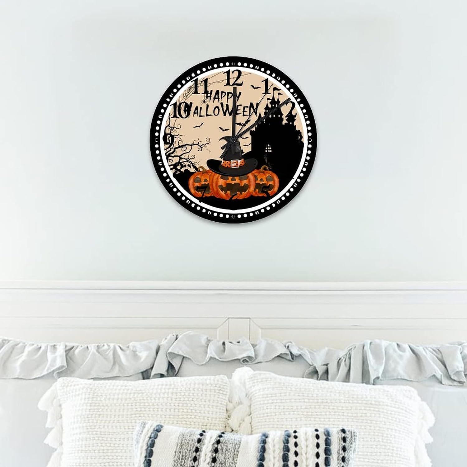 Happy Halloween Pumpkin Hunted House Clock Wood 12 Inch, Witch Hat with Evil Pumpkin Clocks for Living Room Decor Quartz Non Ticking Round Arabic Numbers Clock for Kitchen Dining Room