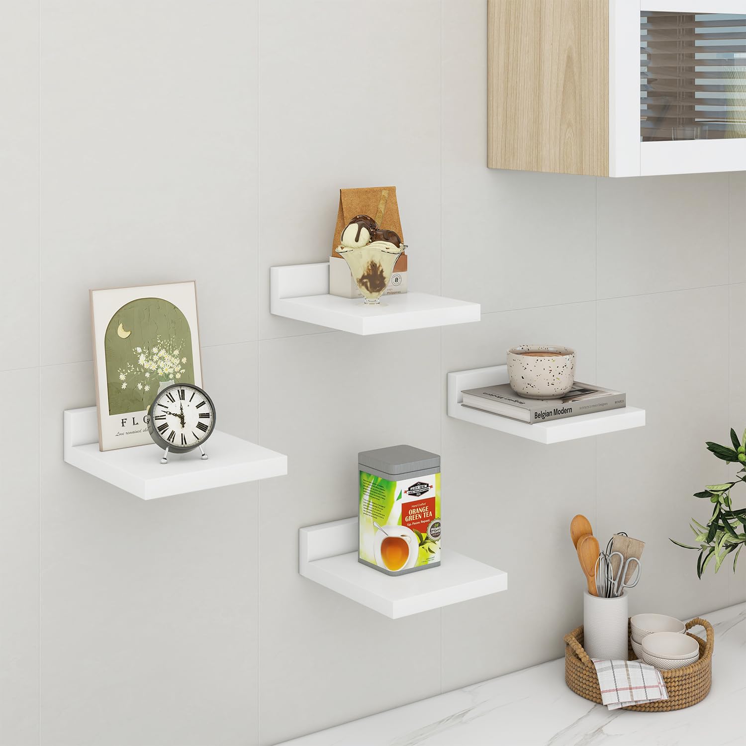 IBUYKE Small Floating Shelf,Wooden Wall Shelf,Set of 4,Display Racks,Hanging Shelf for Bedroom,Bathroom,Kitchen,White,RF-GB505W-4 - Image 4