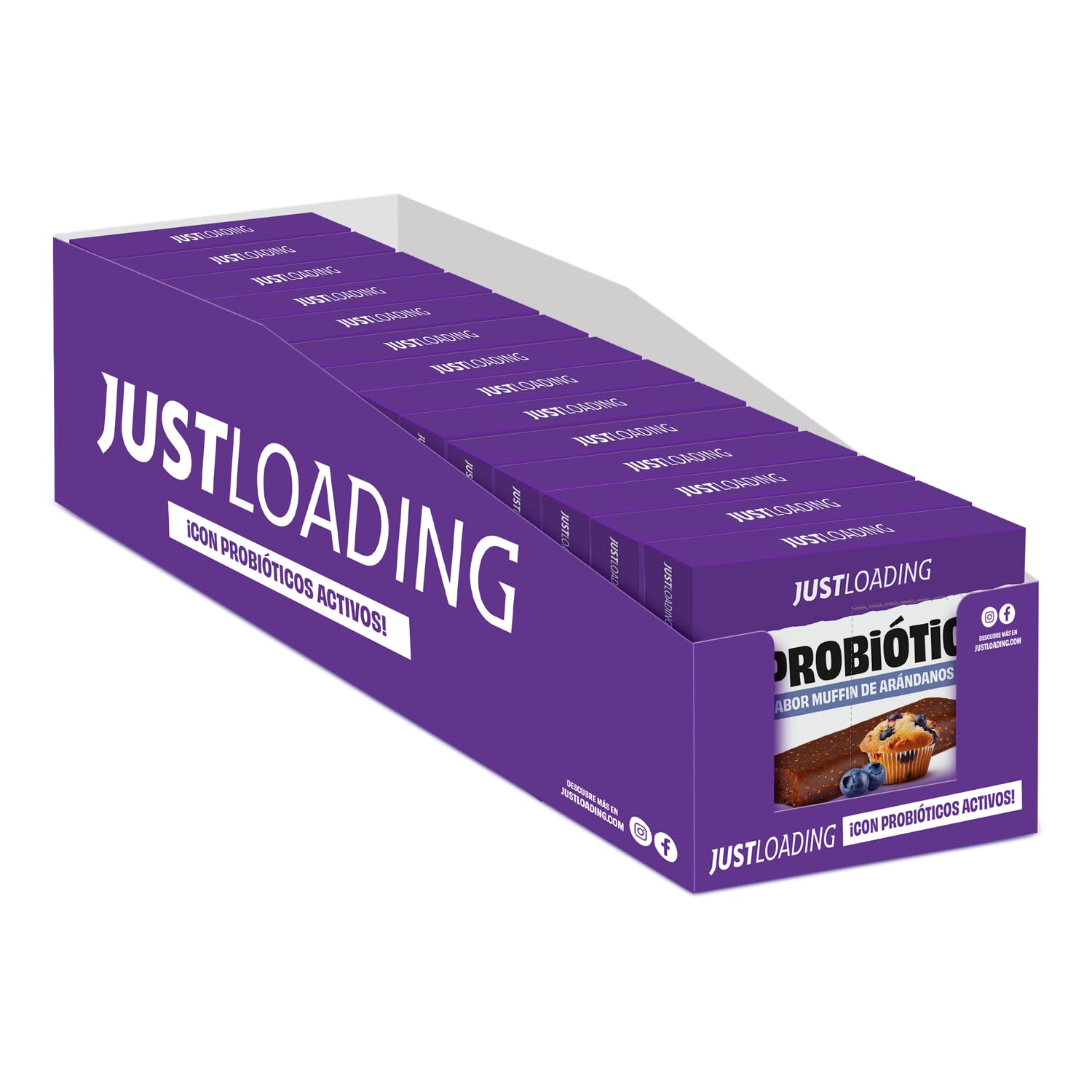 JustLoading Barrita con Probióticos Arándano | Sin Gluten·Lactosa | 42x35g | Con probióticos activos, equilibra flora intestinal. Energía sostenida sin pesadez. Proteína vegetal, fibra. Sin azúcares.