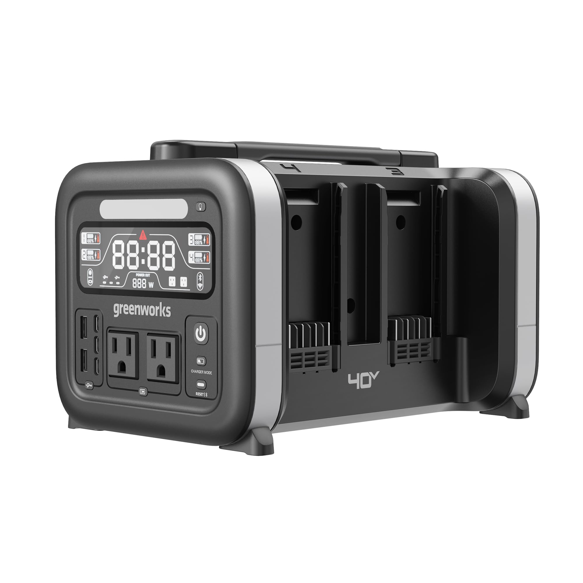 Greenworks 40V 500W Portable Power Station 4-Slot Inverter 2 AC Outlets 5 USB Ports Smart APP Control Power