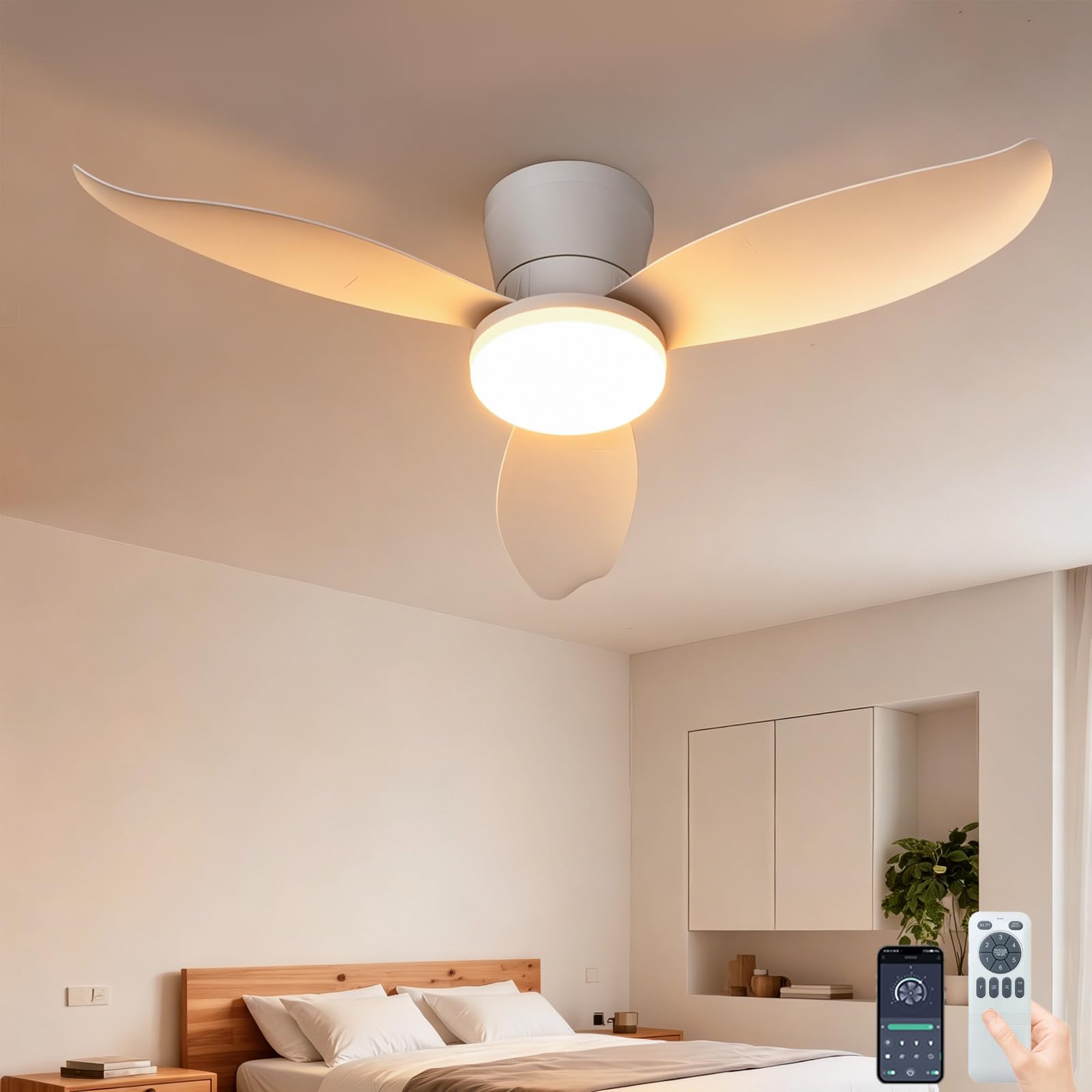 Fachae Imitation Wood Fan Light Ceiling for Bedroom Living Room Kitchen 36in,48W LED Dimmable Fan Lamp with Remote & APP,3000K-6000K,6 Speeds & Timers,Detachable Compact Ceiling Fan Light with Remote