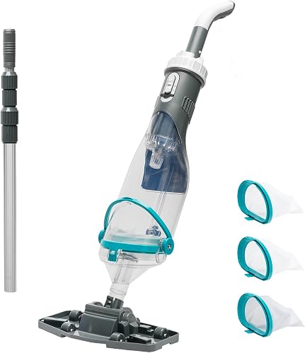 XtremepowerUS Pool Vacuum for Above Ground Pool with Telescopic Pole, Running Time Up to 60min, Handheld Rechargeable Pool Cleaner Powerful Suction Up to 18.5 gallons/min, Ideal for Leaves & Debris