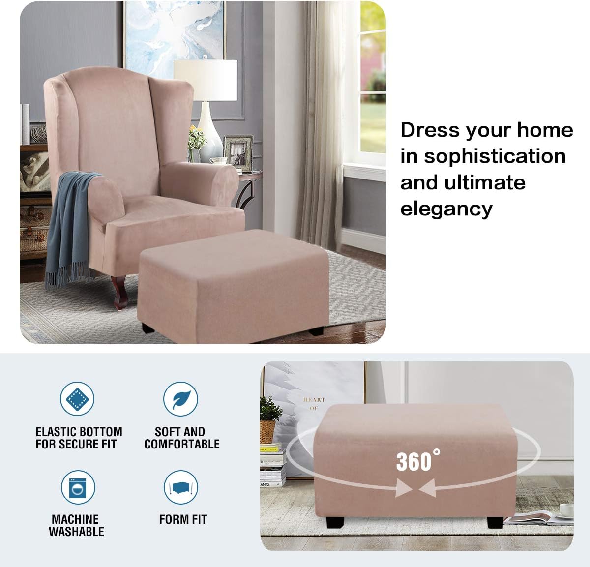 H.VERSAILTEX Suede Ottoman Cover Ottoman Slipcovers Removable Footstool Protector Velvet Plush 1 Piece Water Repellent Furniture Protector with Elastic Bottom, Machine Washable(Ottoman X-Large, Sand)