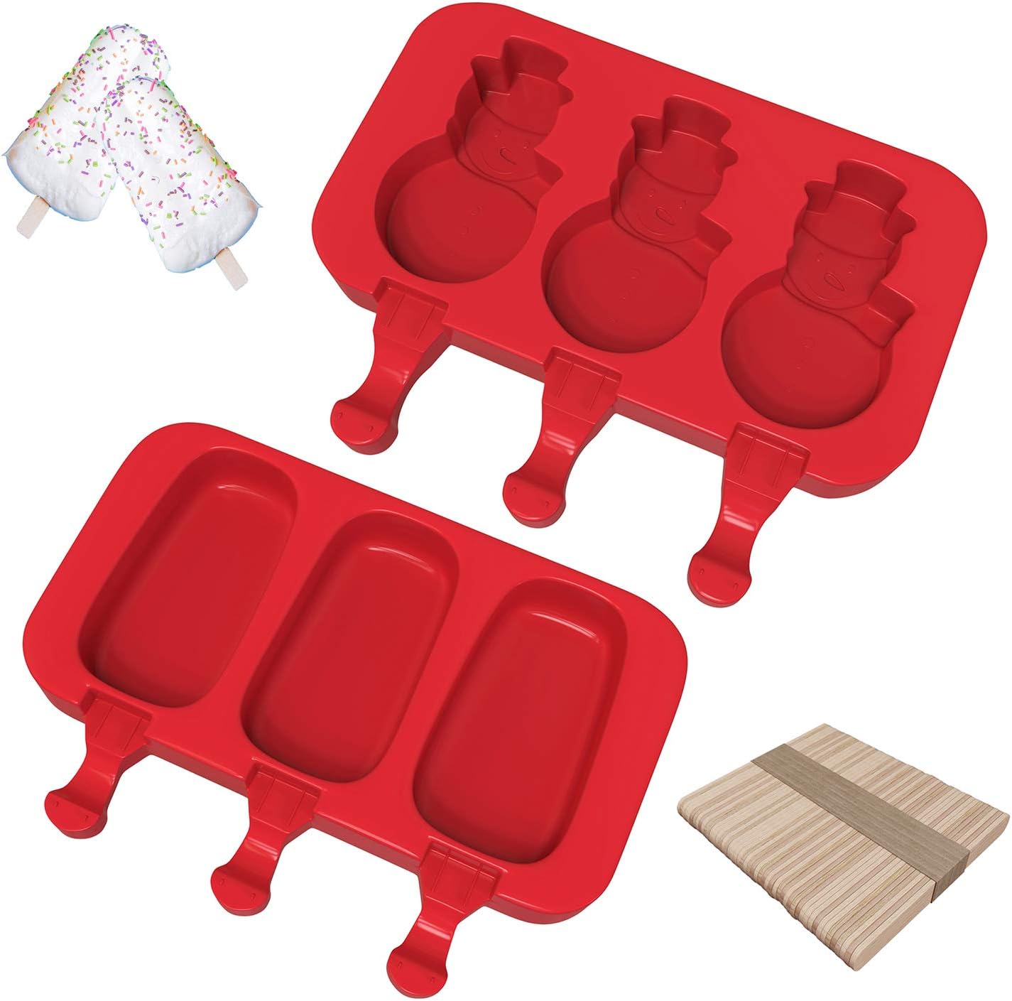 Ouddy Popsicle Molds with Lid, Silicone Ice Cream Bar Homemade 3 Cavities Ice Pop Molds with 100 Wooden Sticks, Set of 2 (Oval+Snowman)