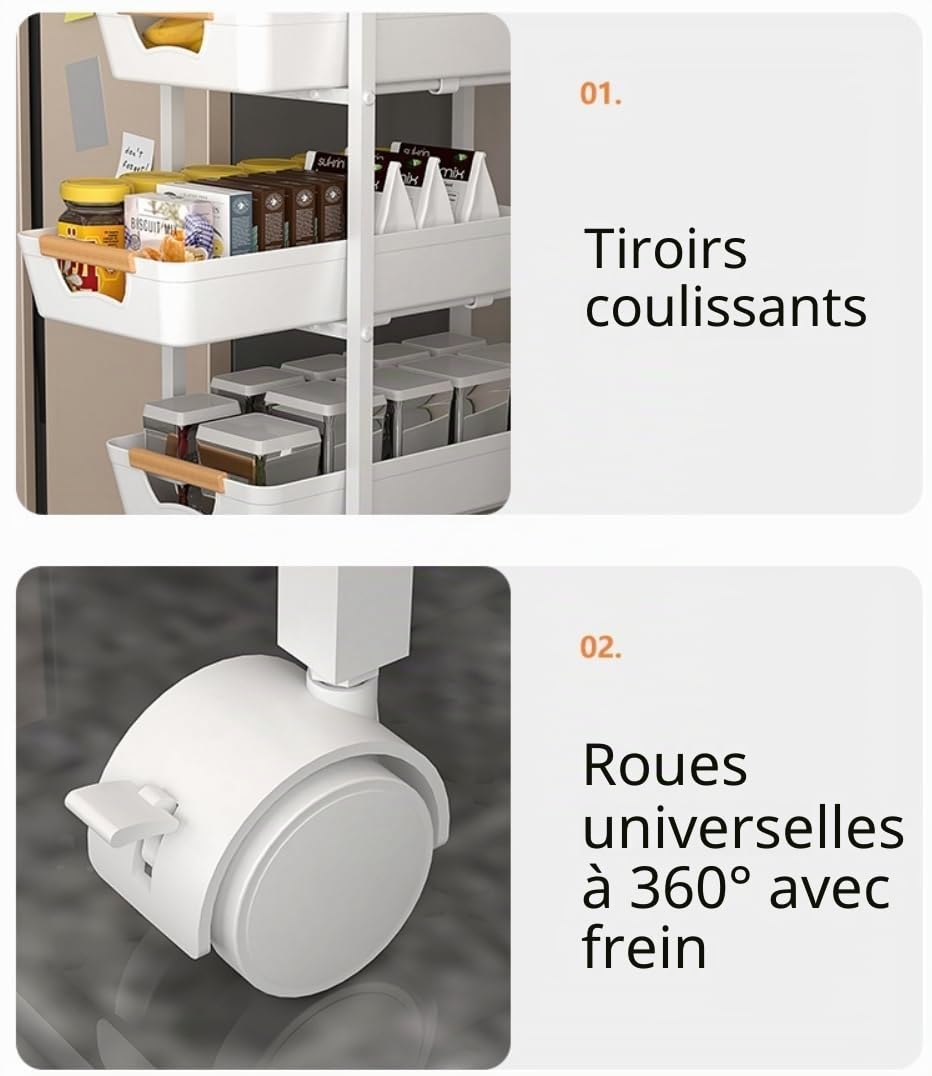 CarolynDesign Chariot utilitaire à 5 niveaux avec cadre en métal et dessus en bois, rangement multifonction à roulettes avec tiroirs coulissants pour cuisine, salon, salle de bain