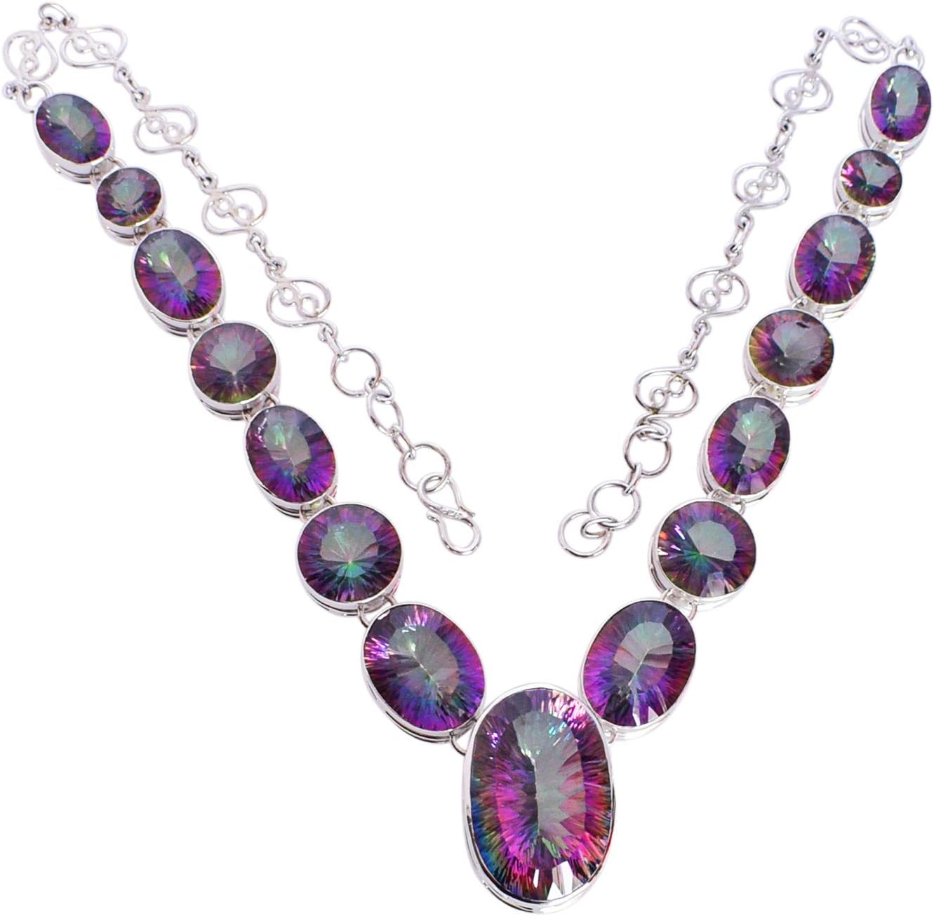 Handmade Rainbow Quartz Necklace 925 Sterling Silver Multicolor Gemstone Jewelry – S-Look Clasp Statement Collar – Iridescent Boho Fashion Accessory for Women – Artisan Festival Party Wear