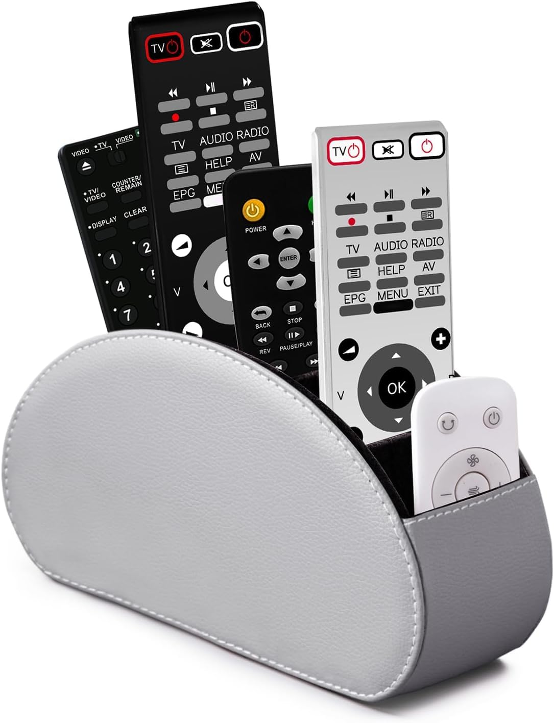 Remote Control Holders Organizer Box with 5 Compartment PU Leather Multi-functional Office Desk Storage Caddy Store Tv Remote for Media Player,Brush,Pencil,Glassees&Office Supplies (Gray)