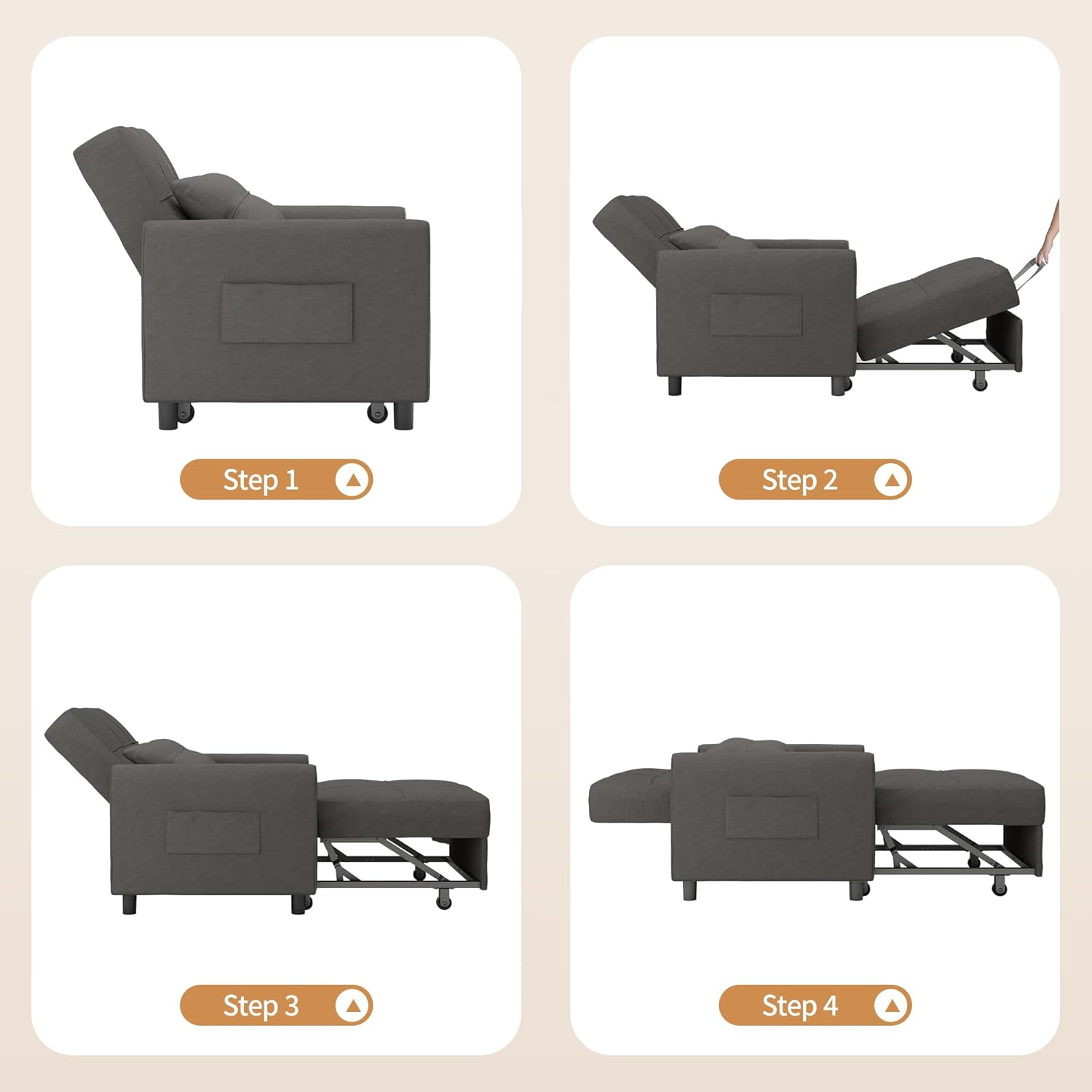 Four steps illustrating the conversion of the armchair to a chaise lounge.