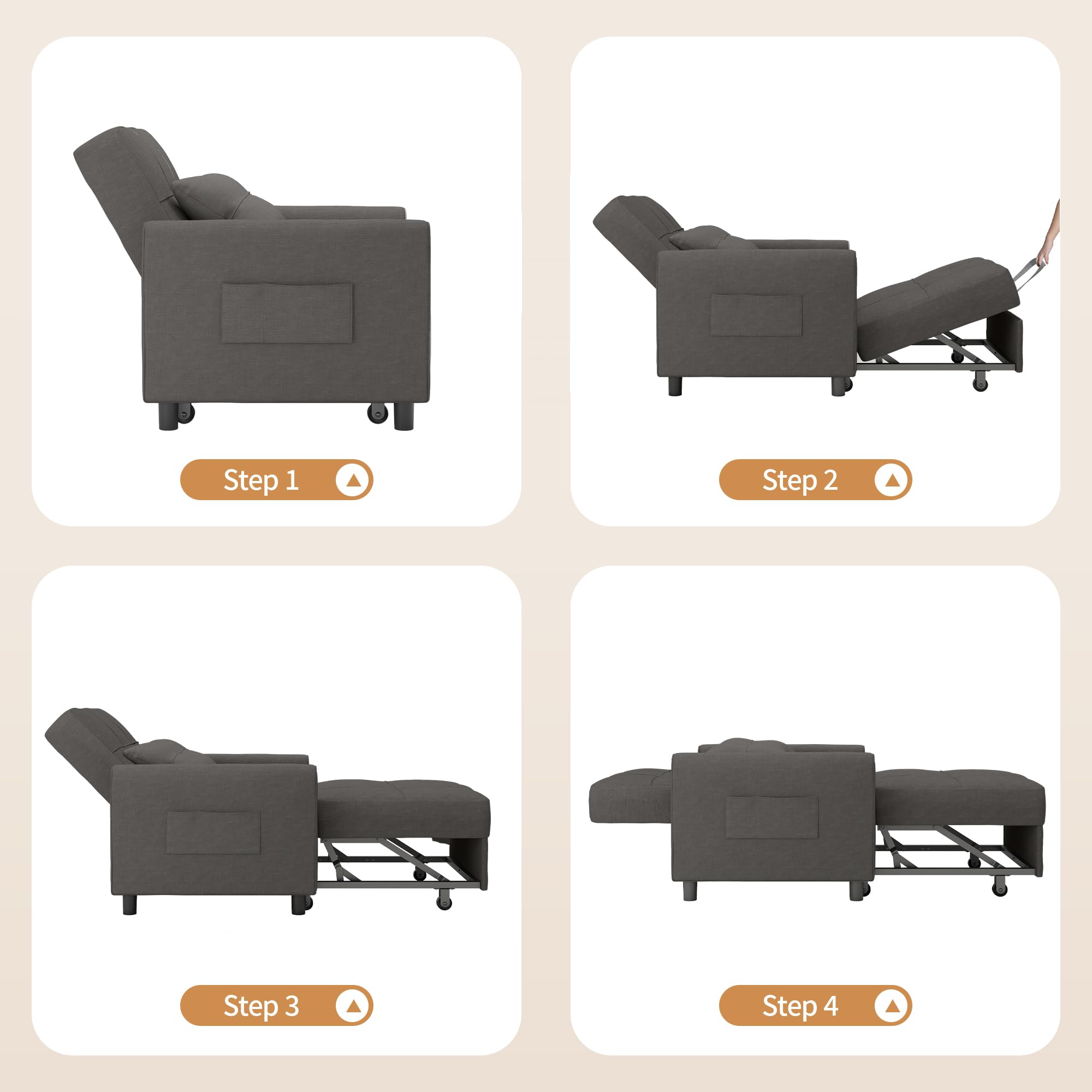 Bealife Poltrona relax,Poltrona letto con schienale regolabile, Poltrona Letto Singolo, Poltrona reclinabile per soggiorno, camera da letto, balcone e ufficio(grigio scuro)