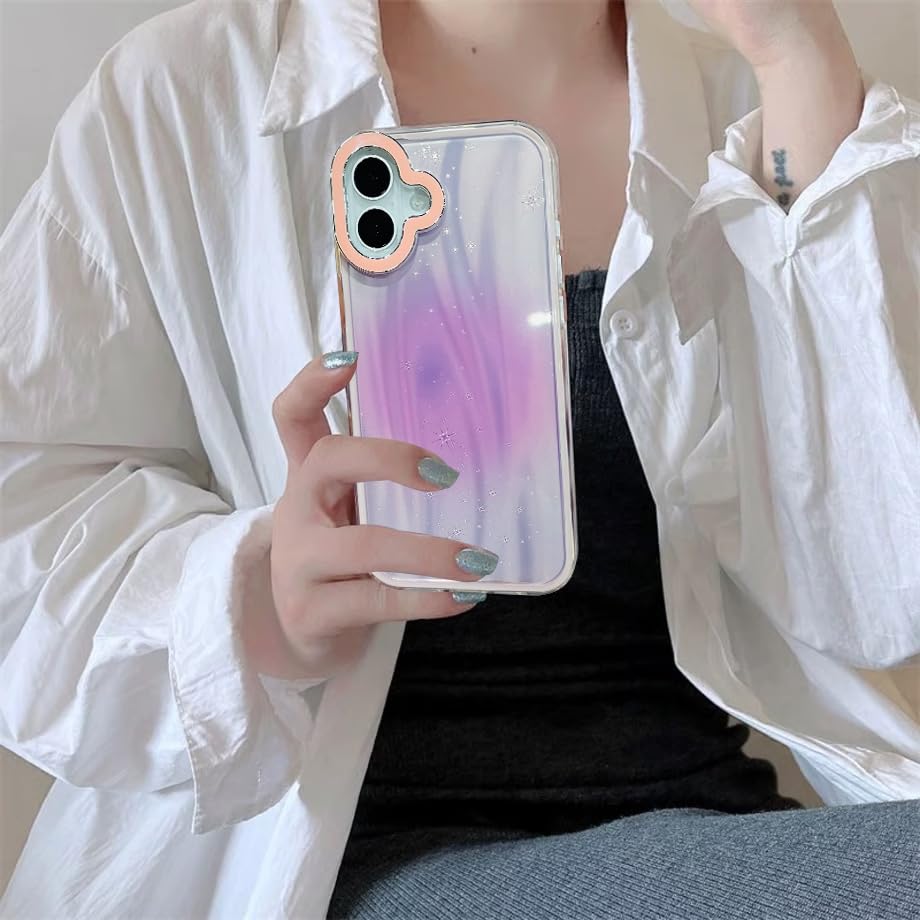 Image of VONZEE Compatible for iPhone 16 6.1'' Case Bling Star Gradient Shiny Colorful Case with Full Camera Protection Shockproof Case PC+TPU Glossy Shiny Cover for Girls Women,Pink