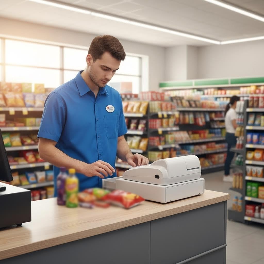 Moderno registratore di cassa commerciale, sistema POS elettronico con stampante termica integrata e cassetto contanti sicuro, 3 scomparti for banconote, 5 vassoi for monete