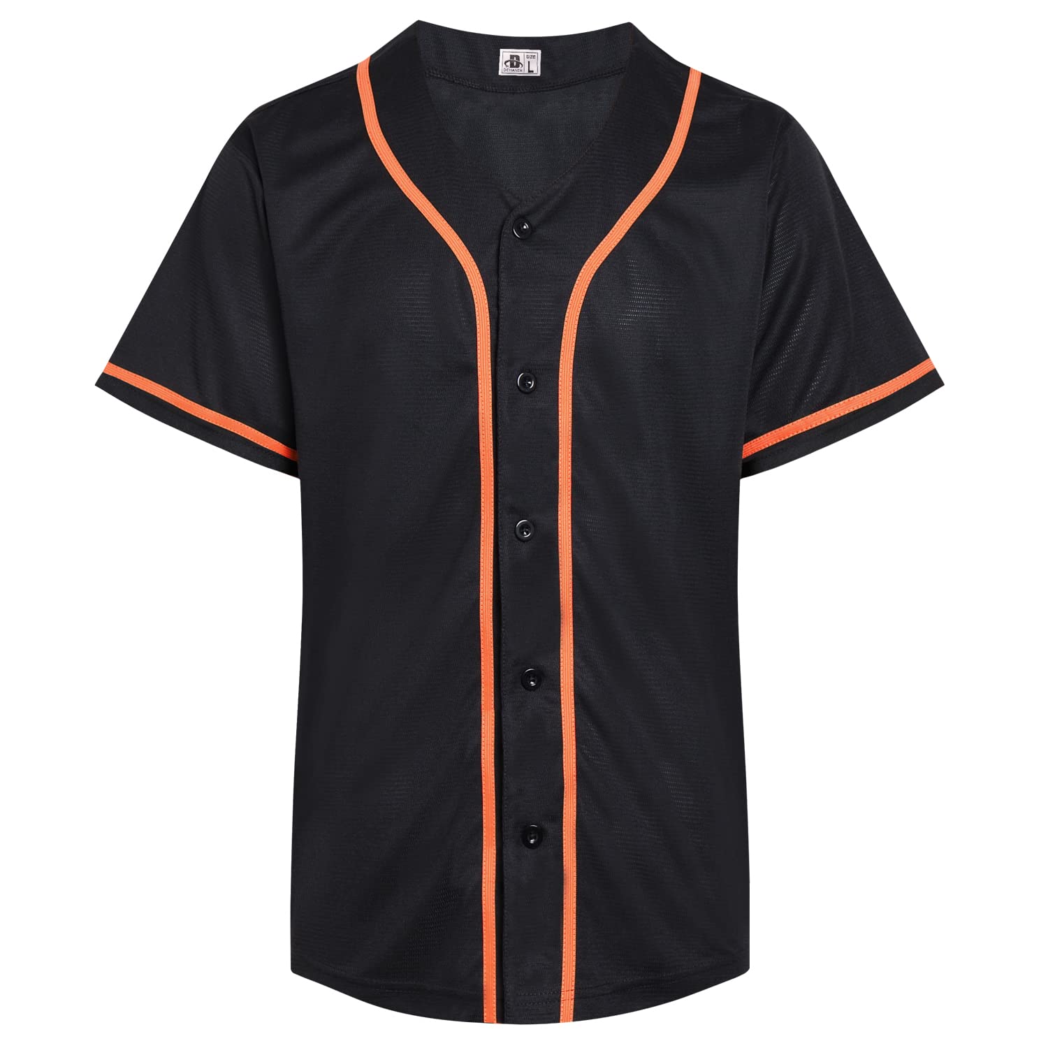 DEHANER Black Blank Baseball Jersey for Men Women Adult Hip Hop Hipster Button Up Shirts Sports Uniforms Outfits Orange Stripe-Black Jersey Size Small