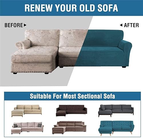 Miniatura 6 de Fundas de sofá de lujo en forma de L, 2 piezas, fundas de sofá modular, funda elástica de terciopelo para sofá esquinero con correas en la parte