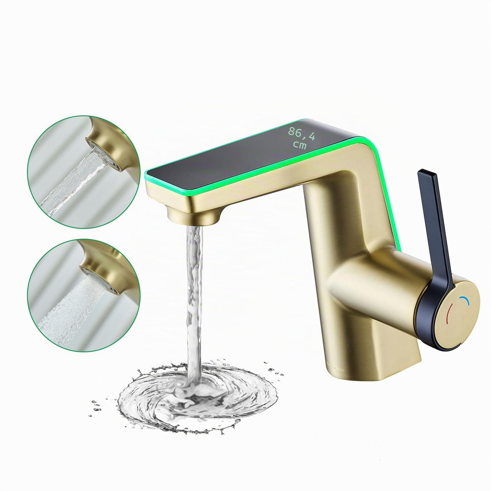 Grifo de baño con indicador de Temperatura LED,Grifo mezclador para baño con caño altura 130 mm, grifo monomando de latón,Dorado