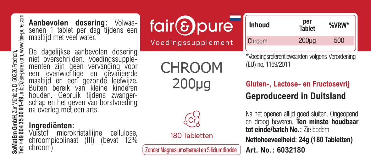 Tabletki chromu Fair & Pure 200 μg, 180 tabletek, wegański suplement diety bez dodatków, wyprodukowano w Niemczech