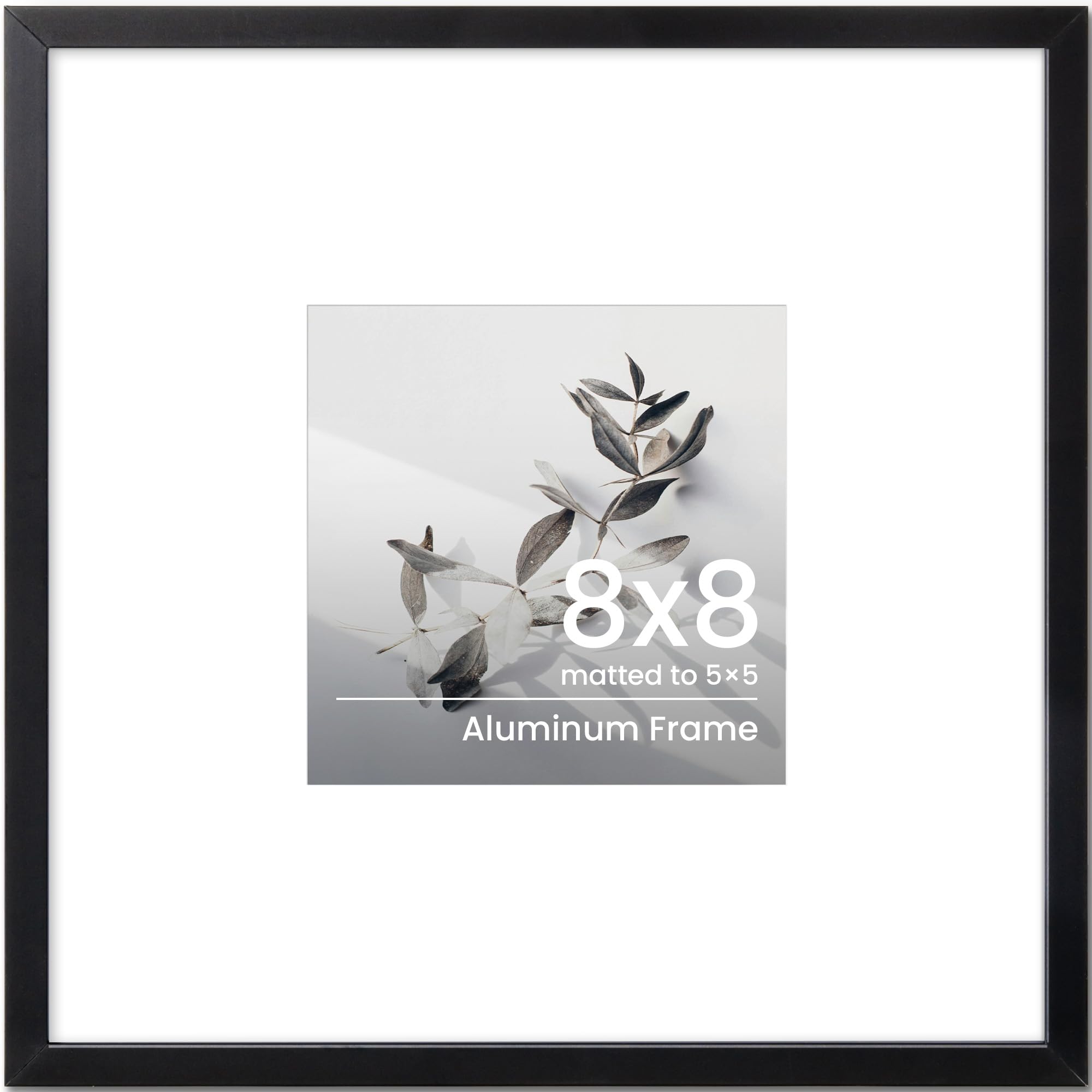 8x8 Photo Frame Black, Aluminium 8x8 inch Picture Frame, 8in Square Frame with Mount for 5x5 Inch with Tempered Real Glass