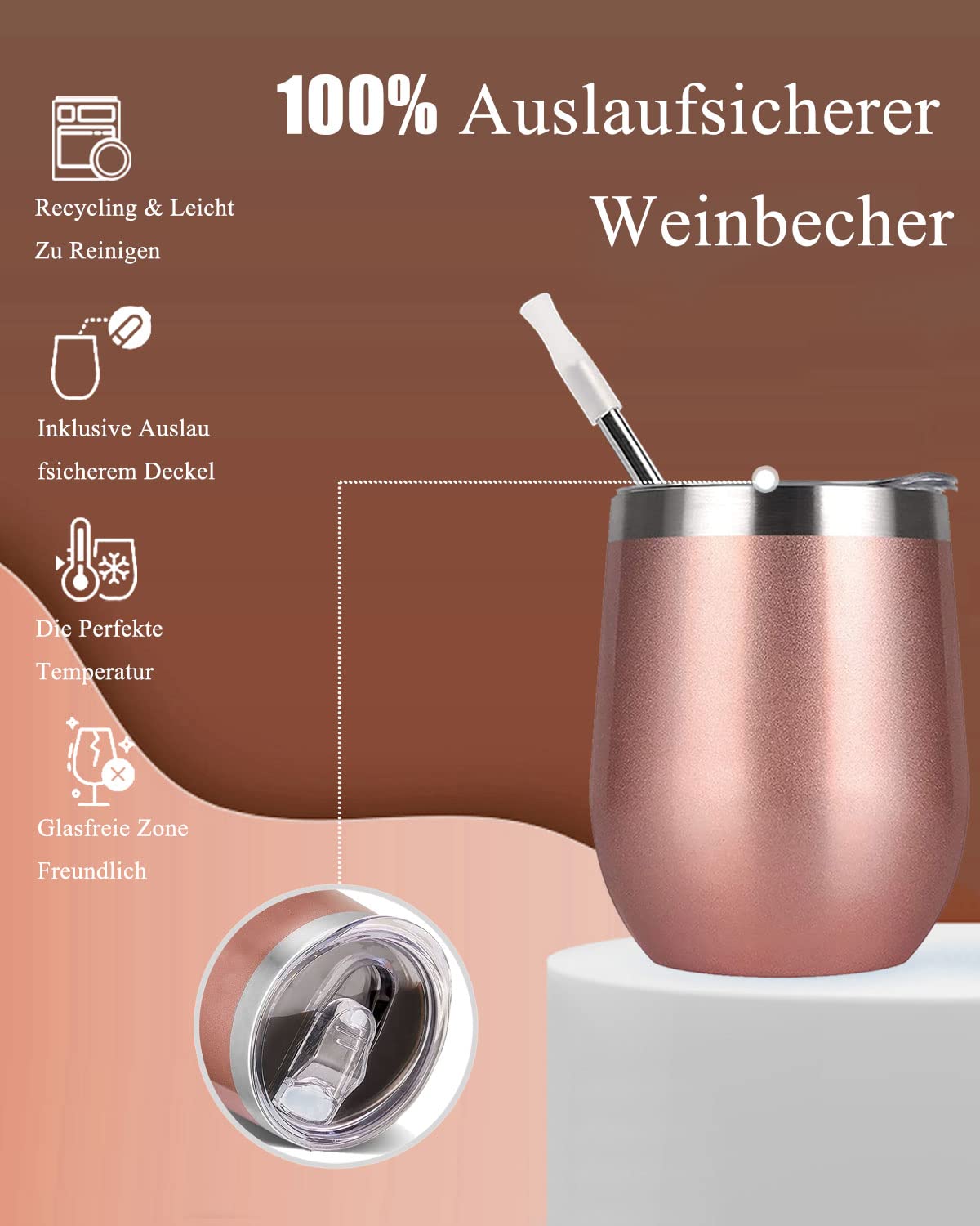 Gteller Verre à Vin Sans Pied Avec Couvercle, Double Paroi Isolé Idéal Pour Le Vin, Le Café, Les Boissons, Le Champagne, Les Cocktails (Jaune