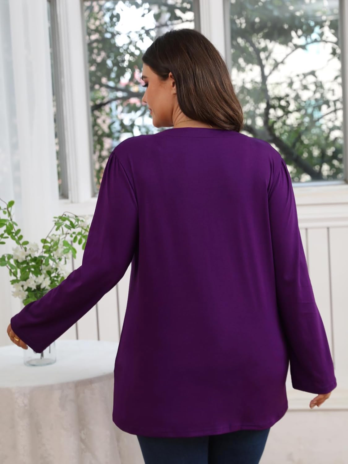 Women's Plus Size Tops V Neck Pleated Front Shirts Trendy Casual Business Tunic Long Sleeves Fall Blouse - Image 3